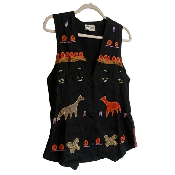 Vintage 90s Instyle New York Black Tribal Embroidered Fitted Rayon Vest Sz Small - Picture 3 of 16